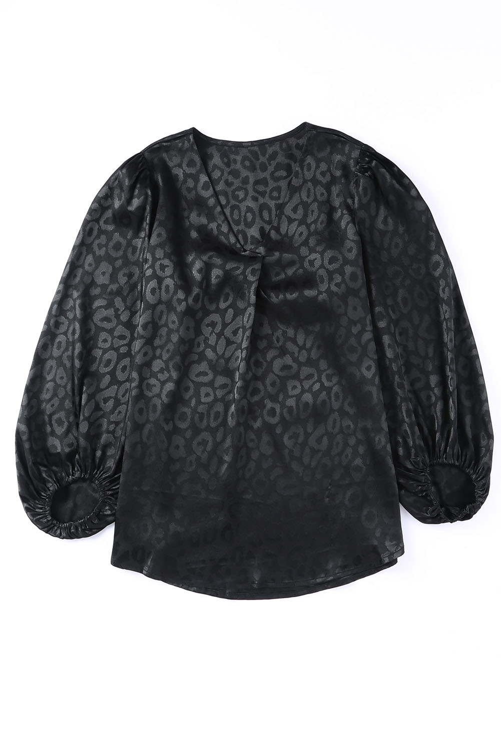 Black Leopard Casual Bishop Sleeve V Neck Blouse
