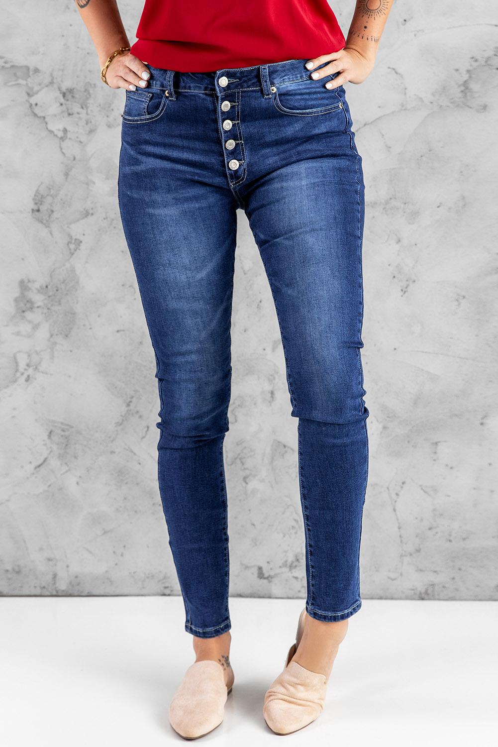 Wholesale Dark Blue Casual Button Fly High Rise SKINNY JEANS