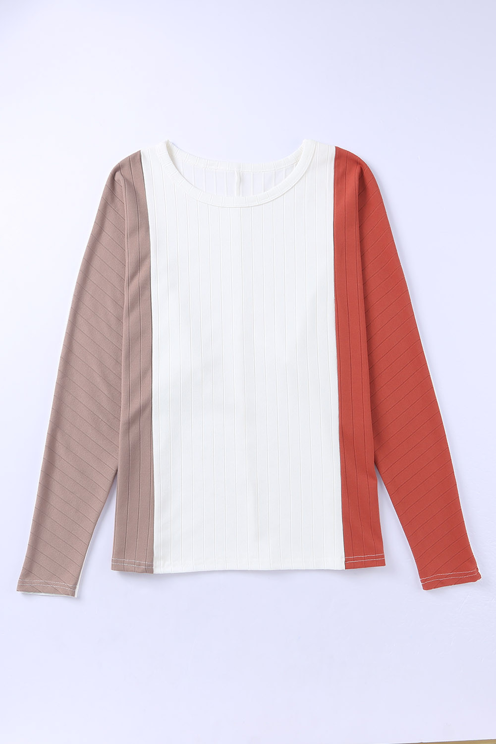Apricot Colorblock Ribbed Knit Casual Long Sleeve Top