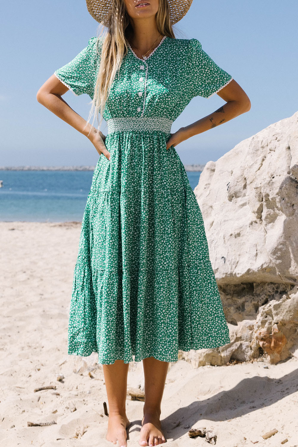 Green Boho Floral Print Lace Contrast Maxi Dress