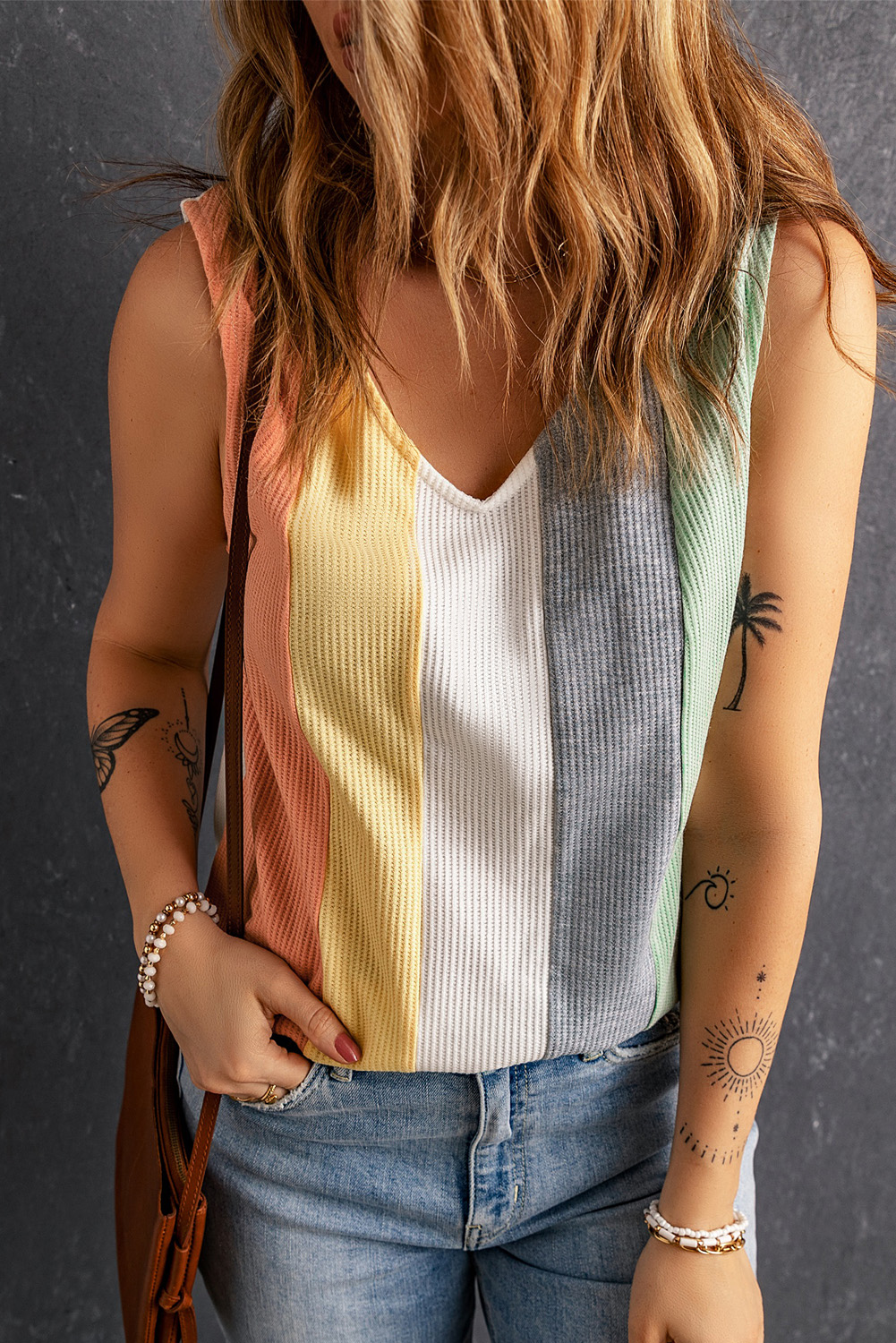 Shewin Wholesale Fashion Multicolor Color Block Casual V Neck Waffle Knit TANK TOP