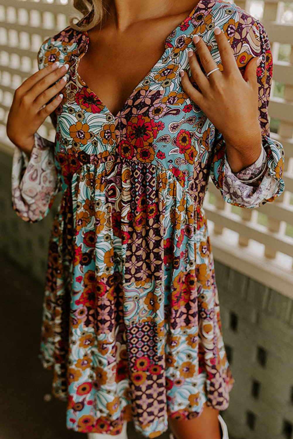 Light Blue Floral V Neck Boho Empire Waist Babydoll Dress