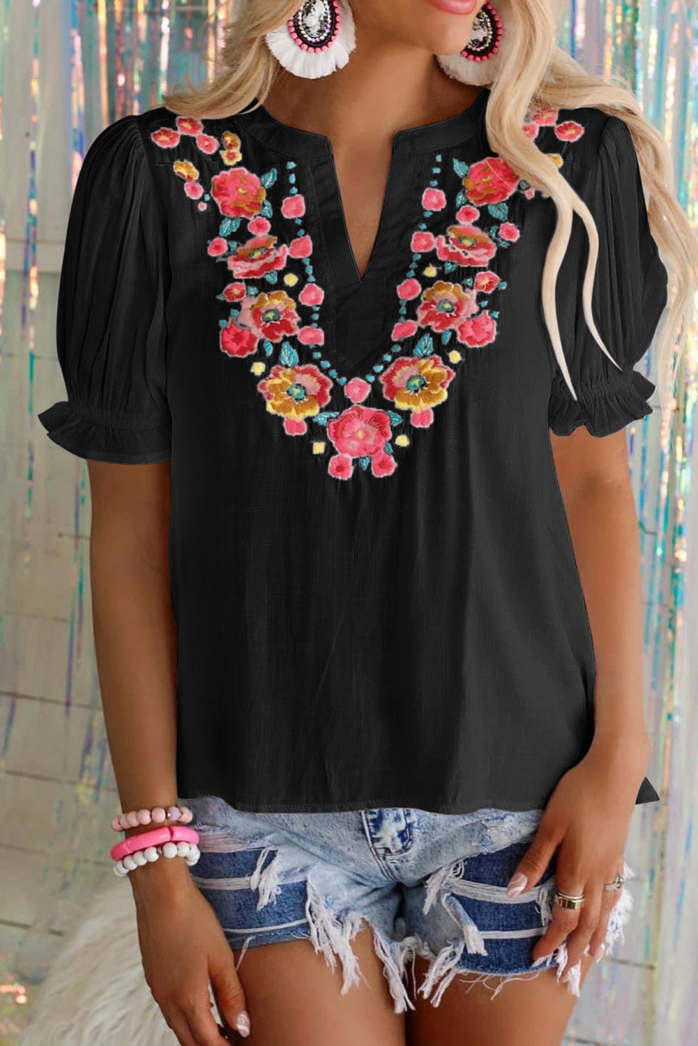 Black Floral Embroidered Boho Ruffle Puff Sleeve Blouse for Women