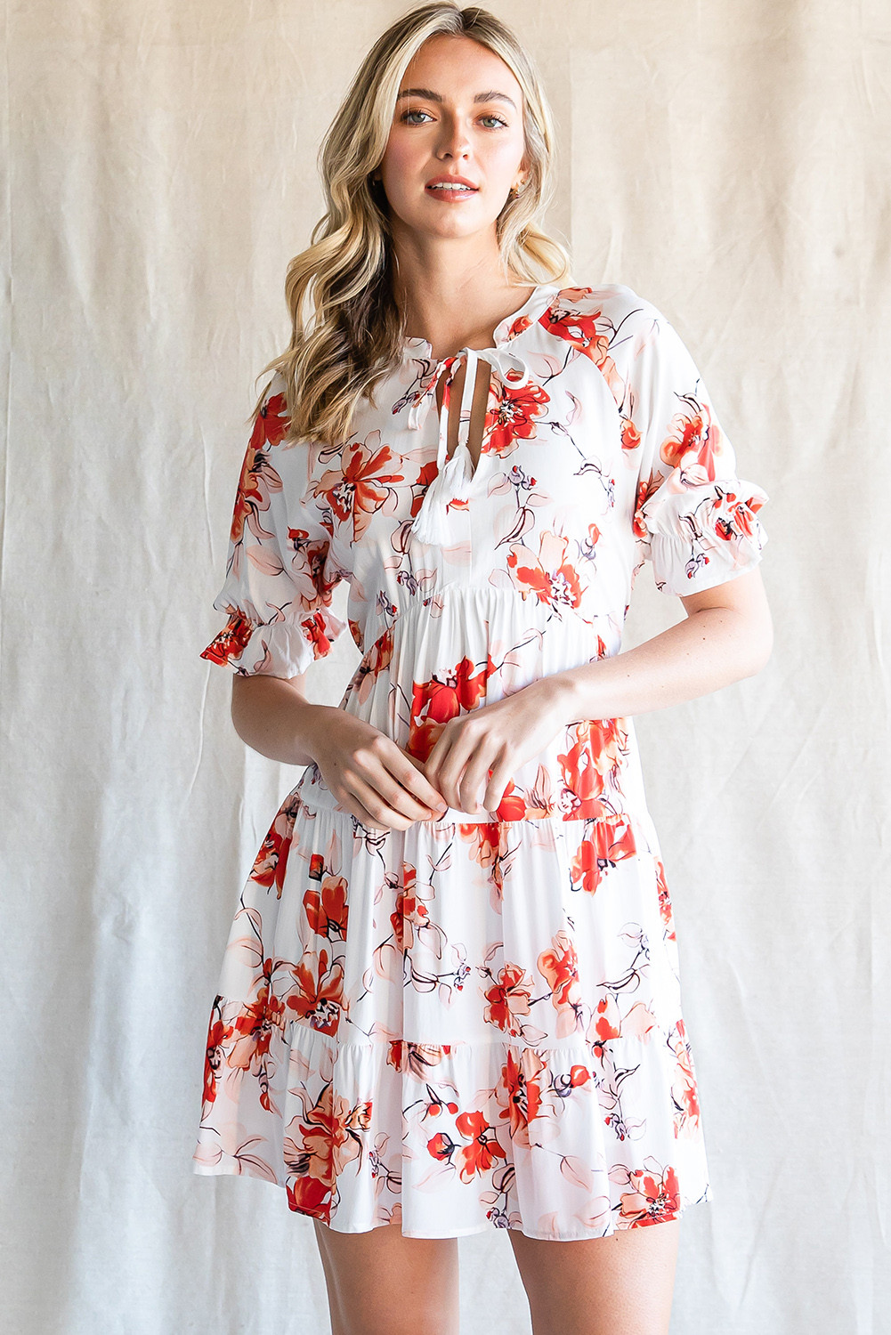 Beige Boho Blooming Floral Tassel Tie Babydoll Dress