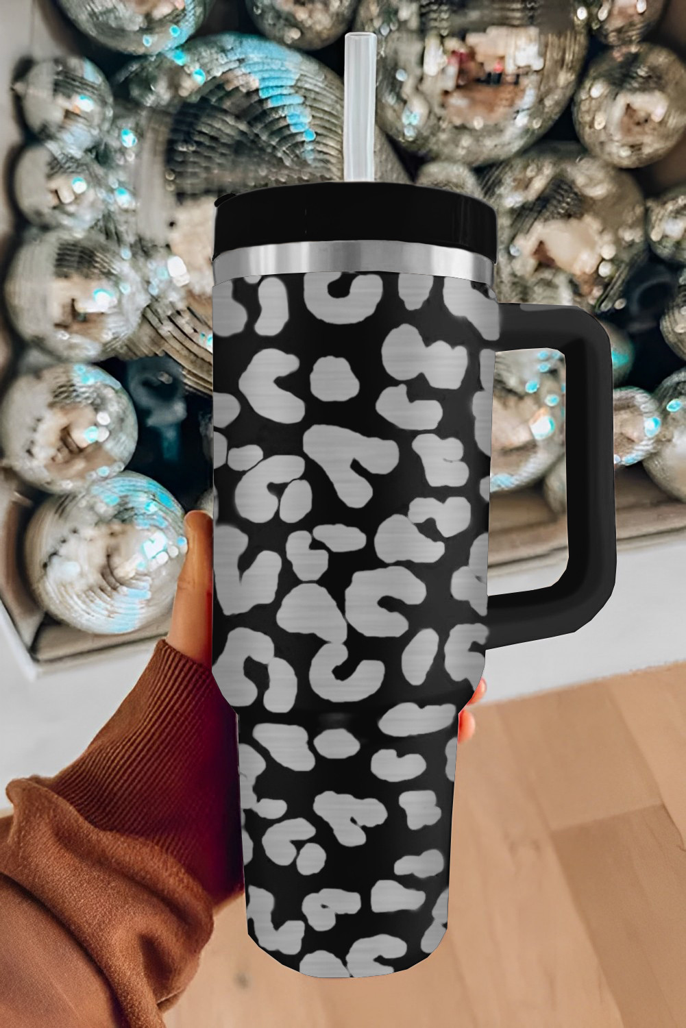 Black 40 OZ Stainless Steel Leopard Tumbler Mug with Handle