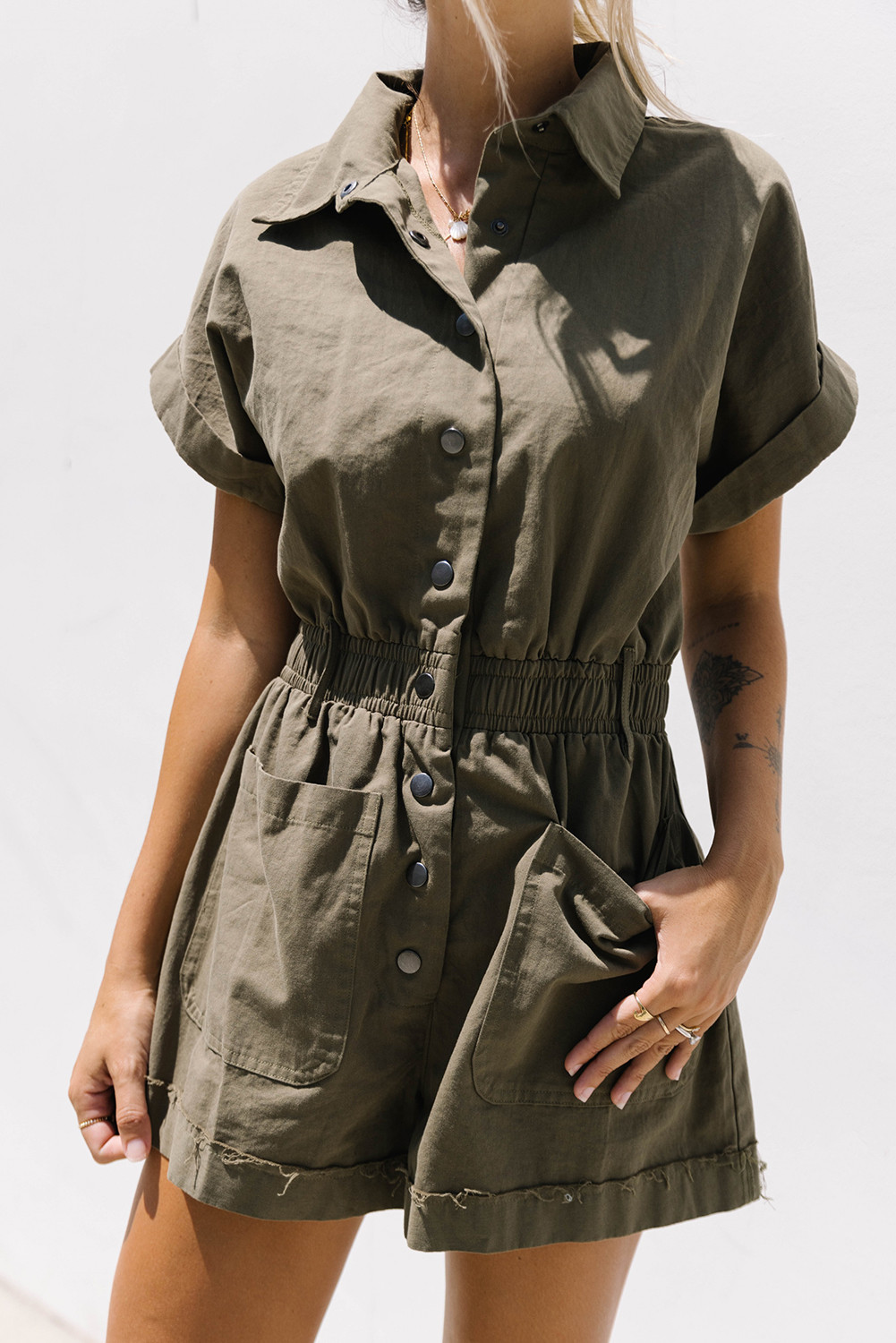 Green Solid Collared Snap Button Collar Romper With Pockets