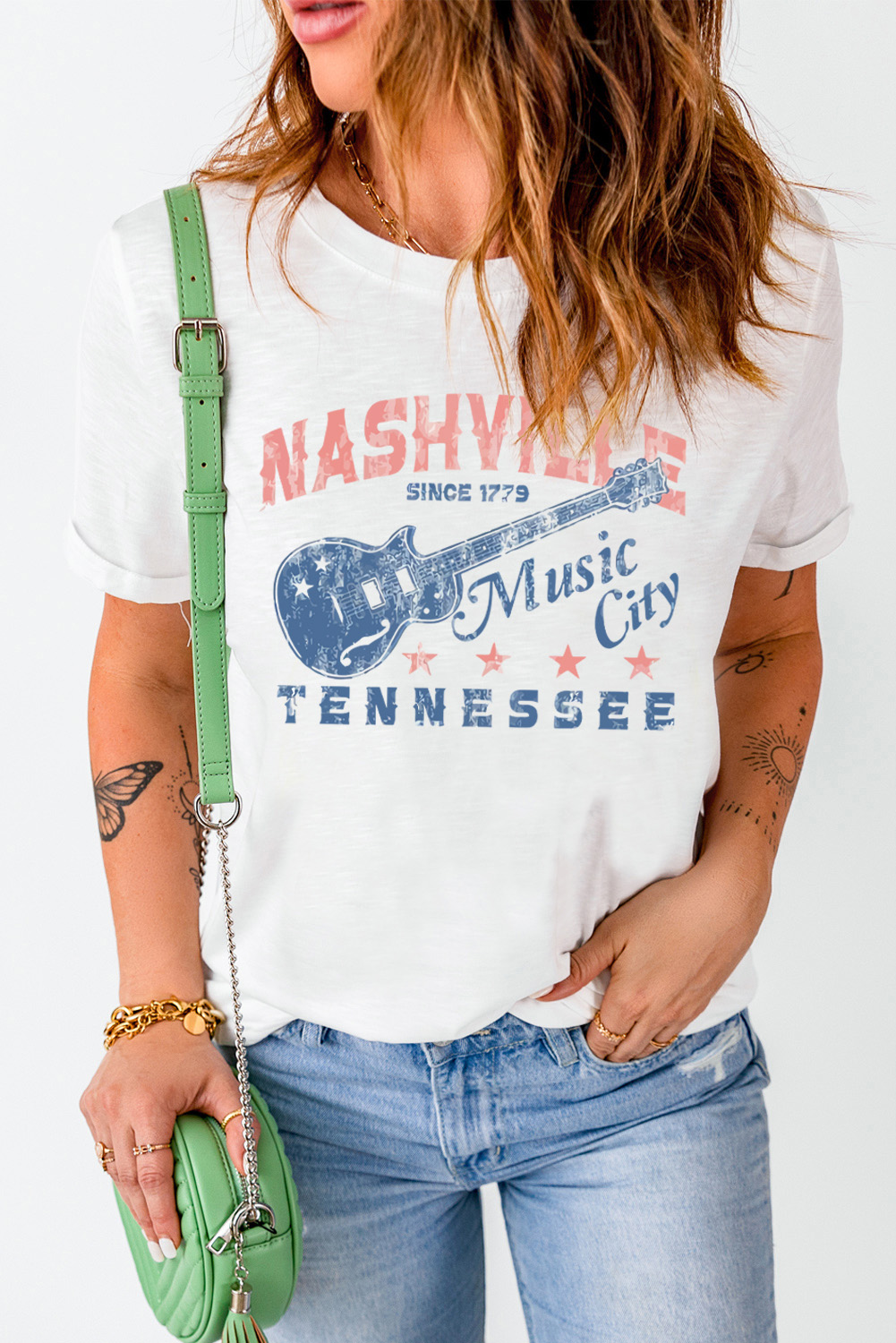 Dropshipping White MUSIC City Letter Print Round Neck Graphic Tee