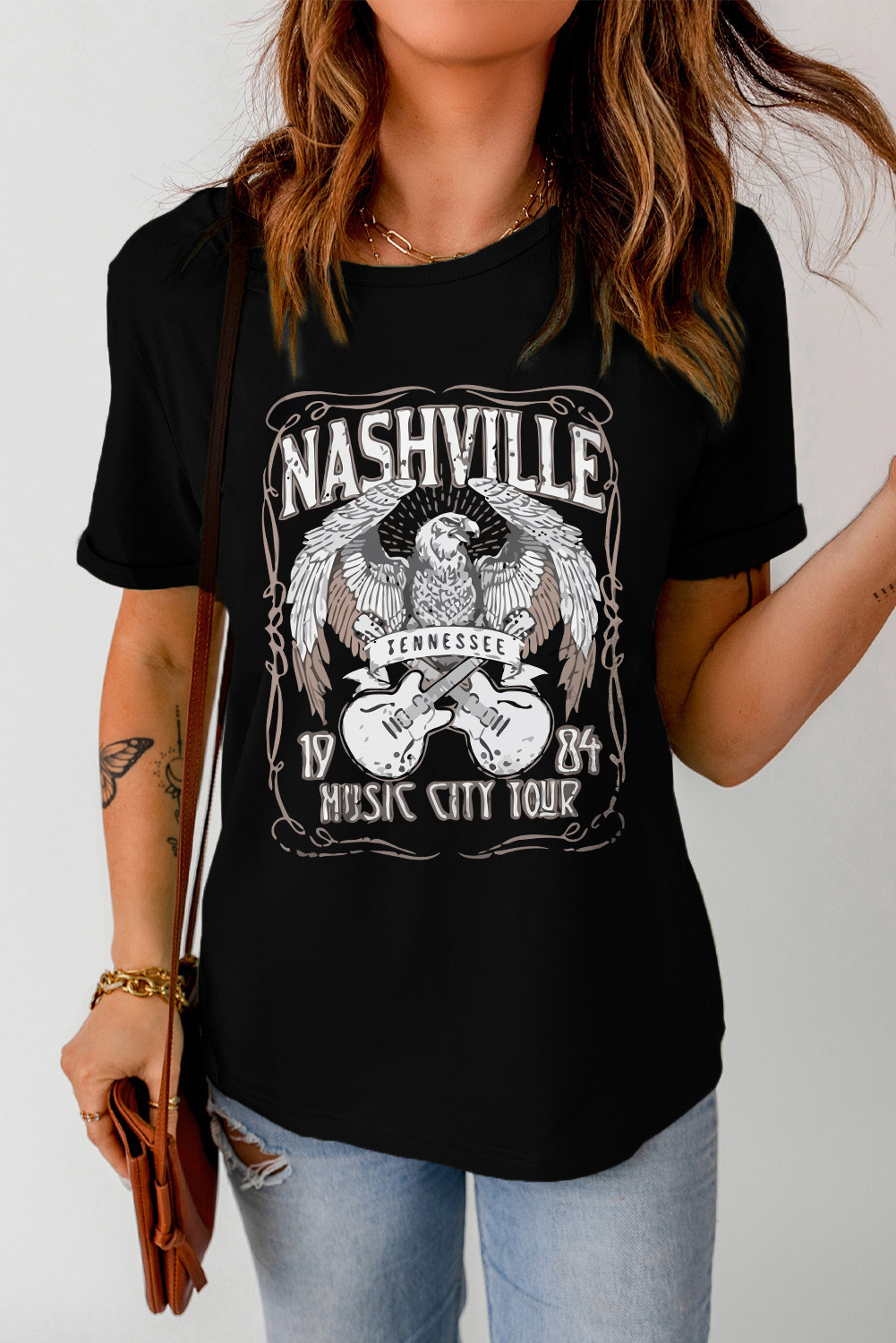 Black NASHVILLE Eagle Guitar Graphic T Shirt