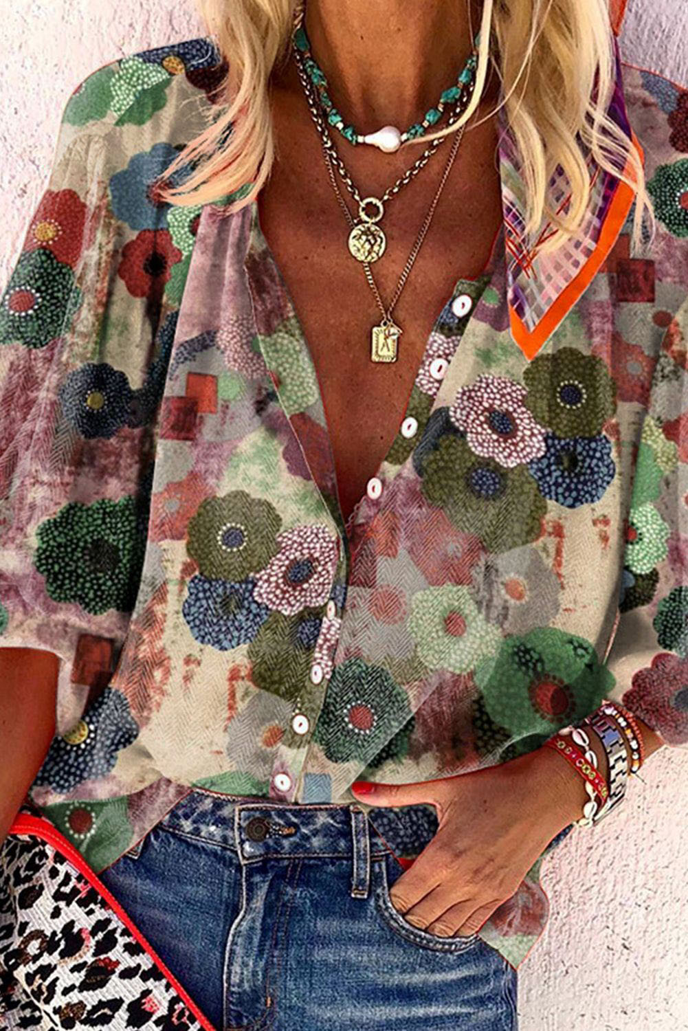 Red Floral Print Button Front Boho Top for Women
