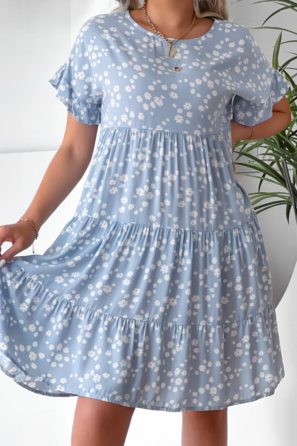 Blue Ruffled Short Sleeve Tiered Floral Dress for Summer