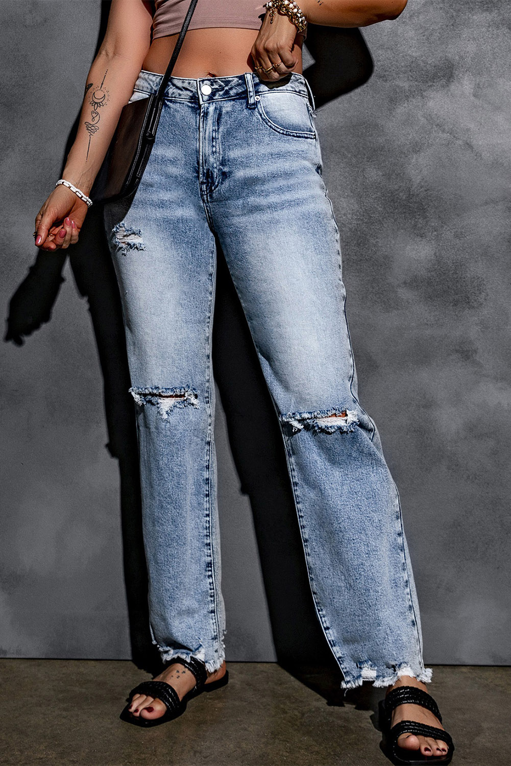 Shewin Wholesale Clothes Suppliers Light Blue Washed Ripped Raw Hem High Waisted Wide Leg JEANS