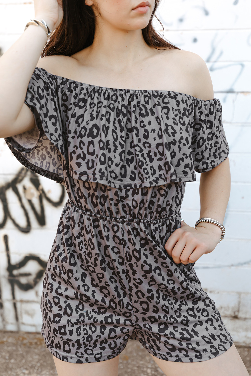 Leopard Print Ruffle Pocket Off Shoulder Romper