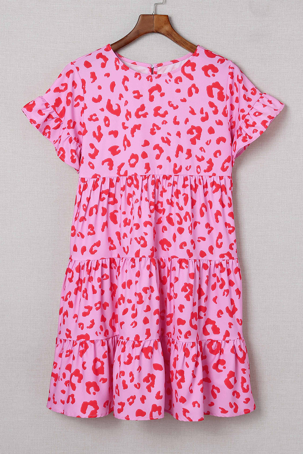 Pink Casual Short Sleeve Tiered Leopard Print Dress