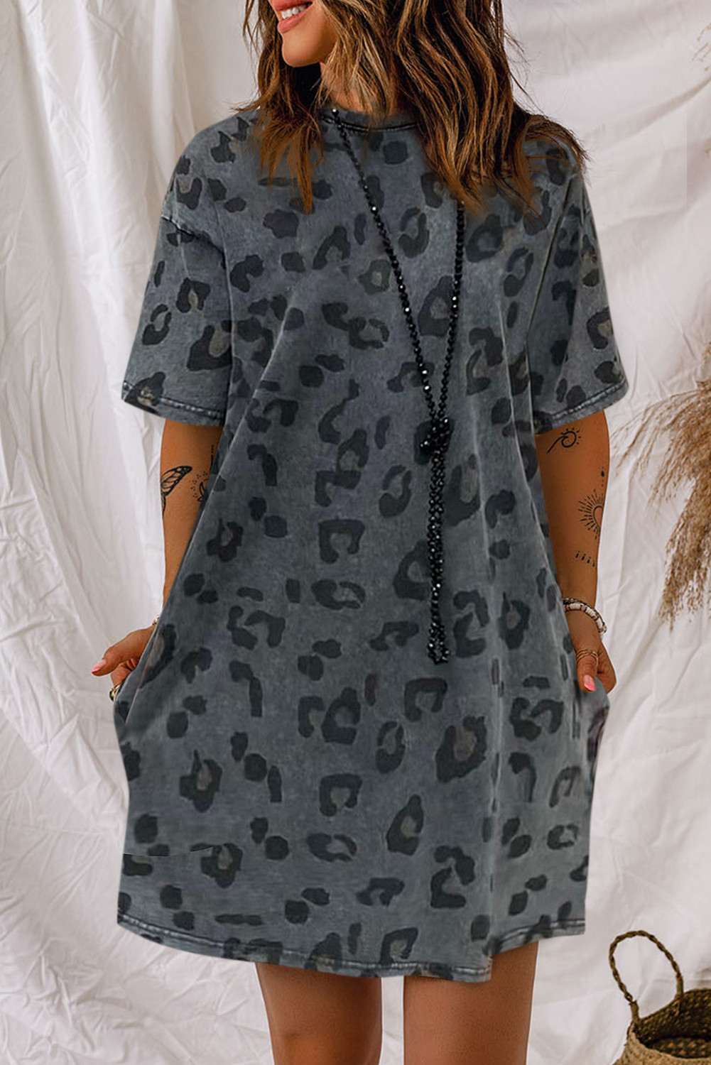 Grey Short Sleeve Casual Leopard Print Dress with Pockets
