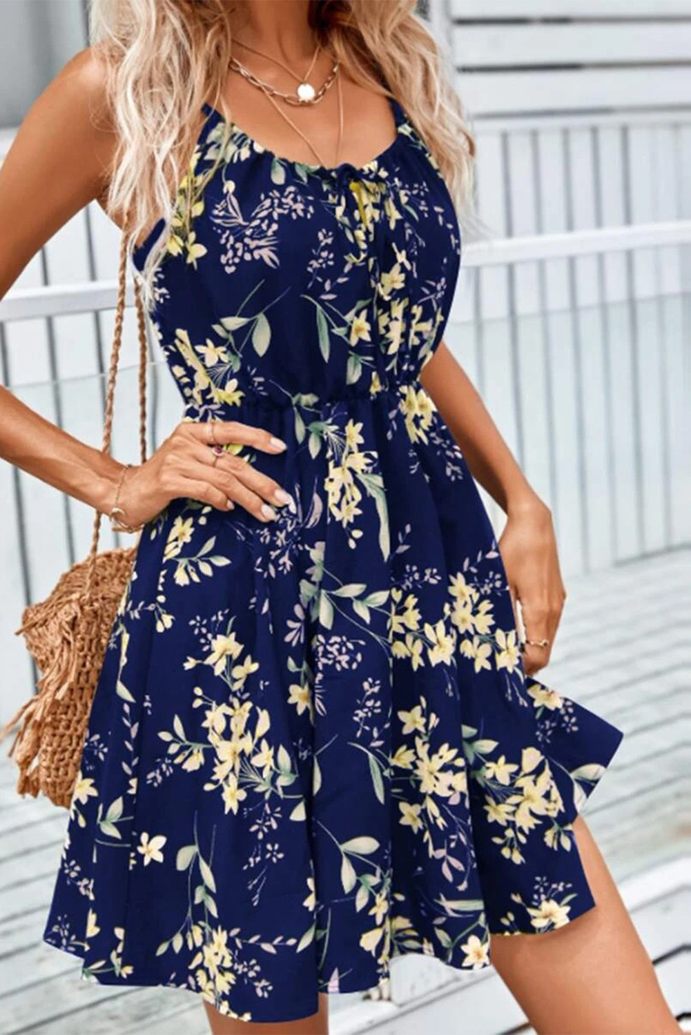 Navy Blue Floral Print A Line Spaghetti Strap Dress
