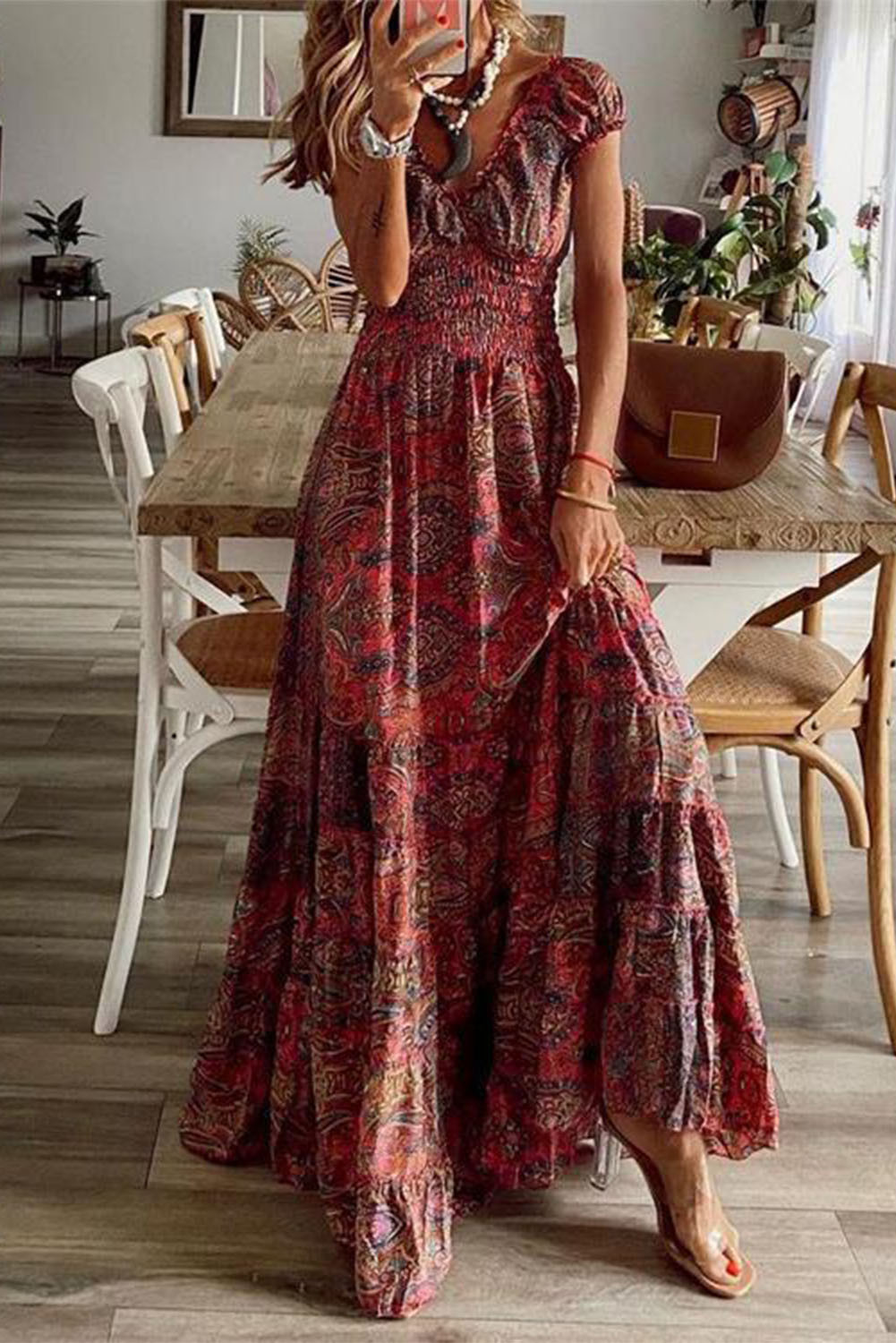 Red Floral Print V Neck Smocked Puff Sleeve Boho Dress