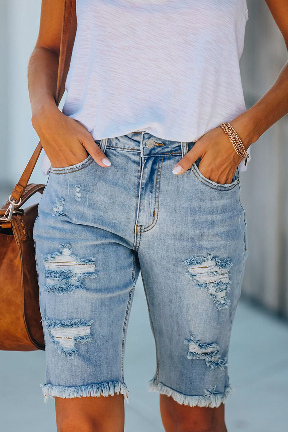 Shewin Wholesale Clothes Light Blue Distressed Ripped Denim Bermuda SHORTS