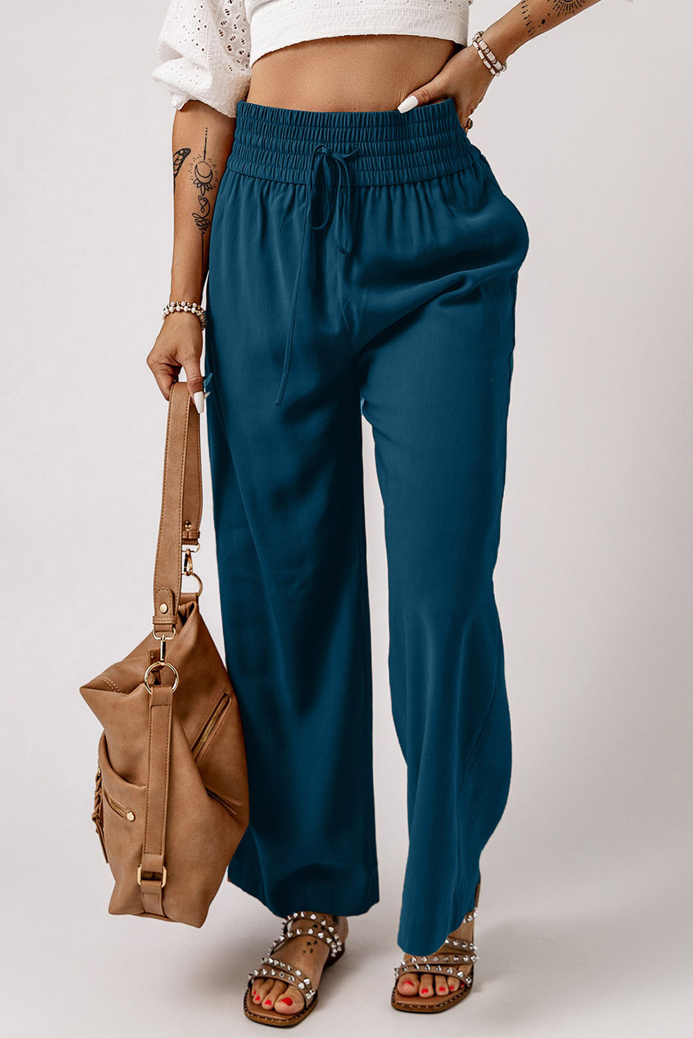 Blue Casual Drawstring Shirred Elastic Waist Wide Leg Pants