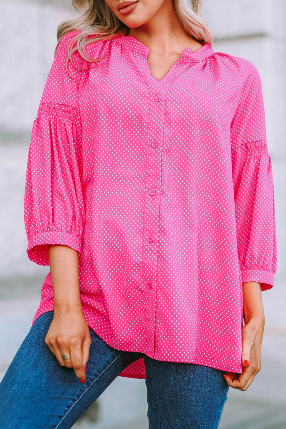 Hot Pink Dot Embossed High Low Hem Button Down Blouse