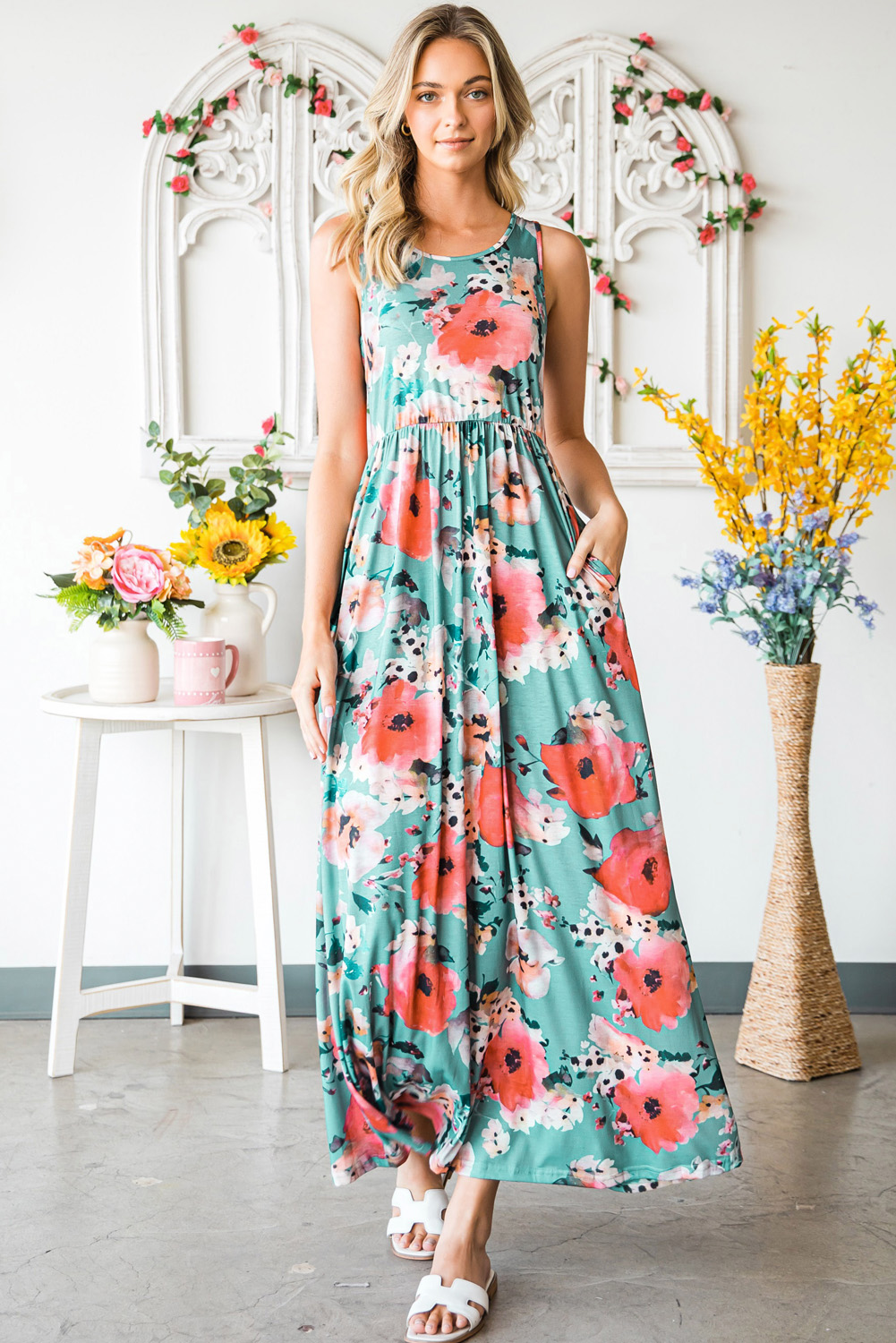 Green Floral Print Sleeveless Maxi Summer Tank DRESS