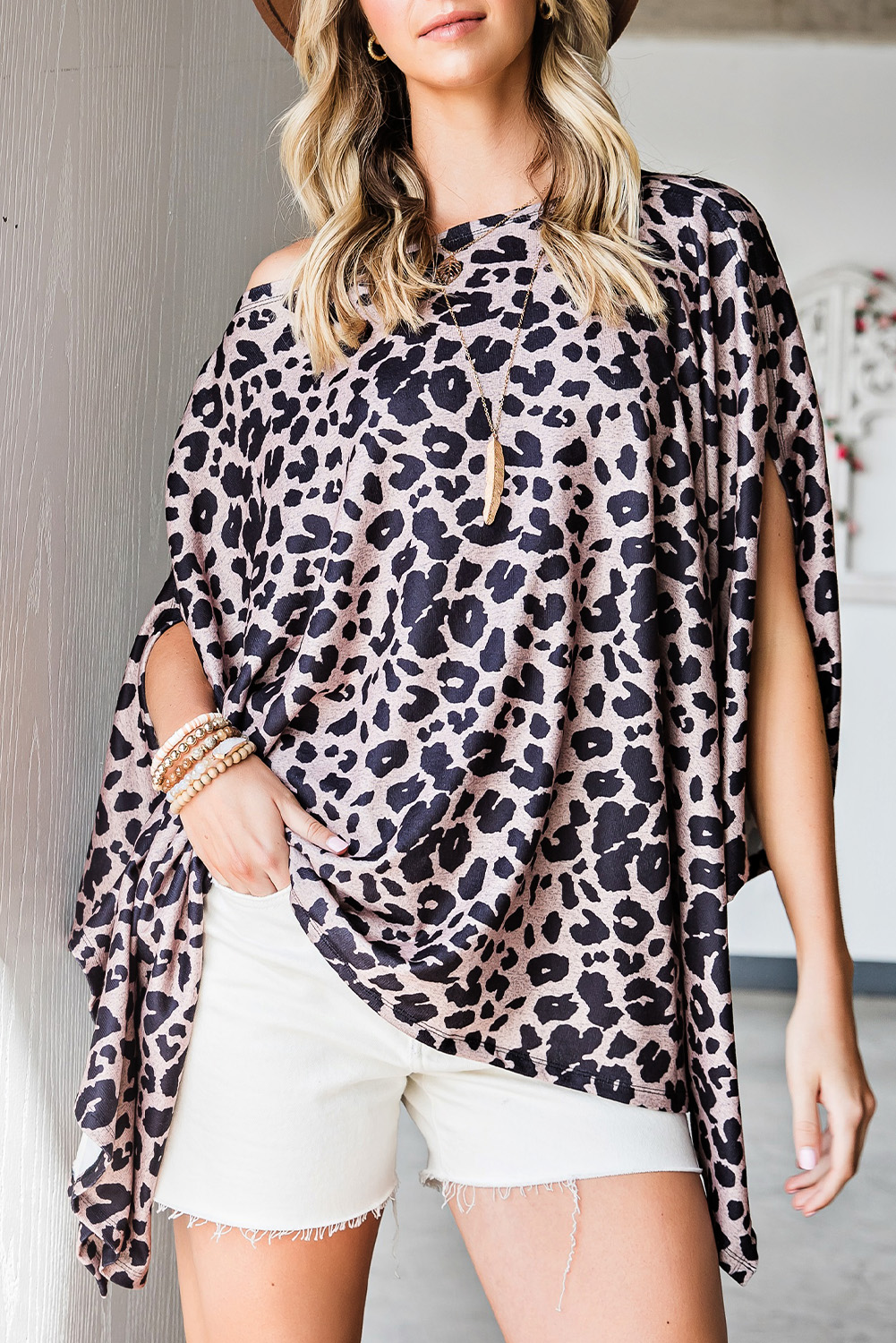 Shewin Wholesale Cheetah PONCHO Style Casual Oversized Tunic Top