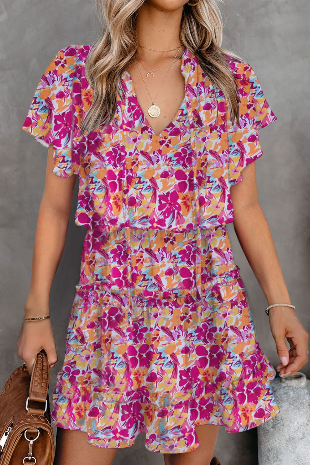 Multicolor Floral Print Tie V Neck Ruffle Short Dress