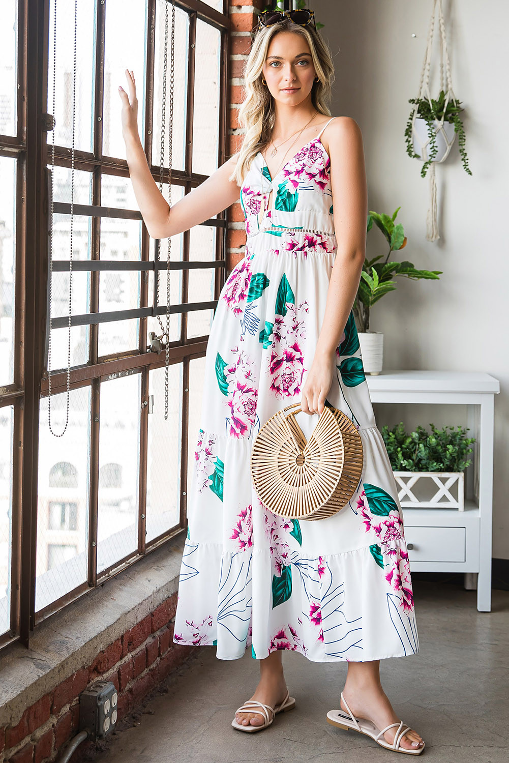 White Floral Twist Cutout Adjustable Straps Maxi Dress