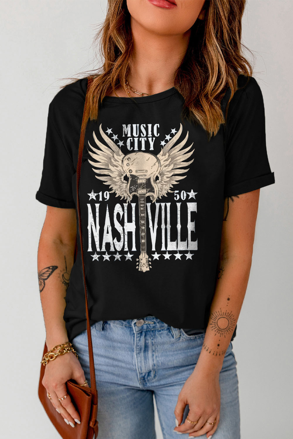 Black Vintage NASHIVILLE Music City Graphic Print T Shirt