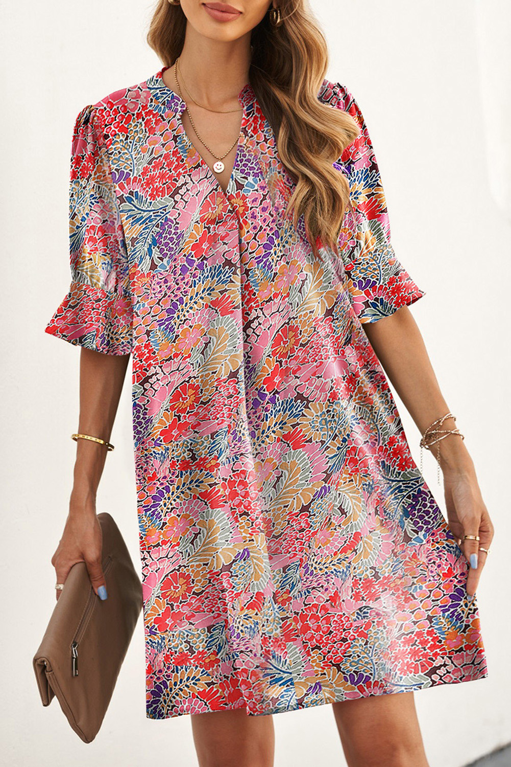 Multicolor Boho Floral Flutter Sleeve Short Loose Dress