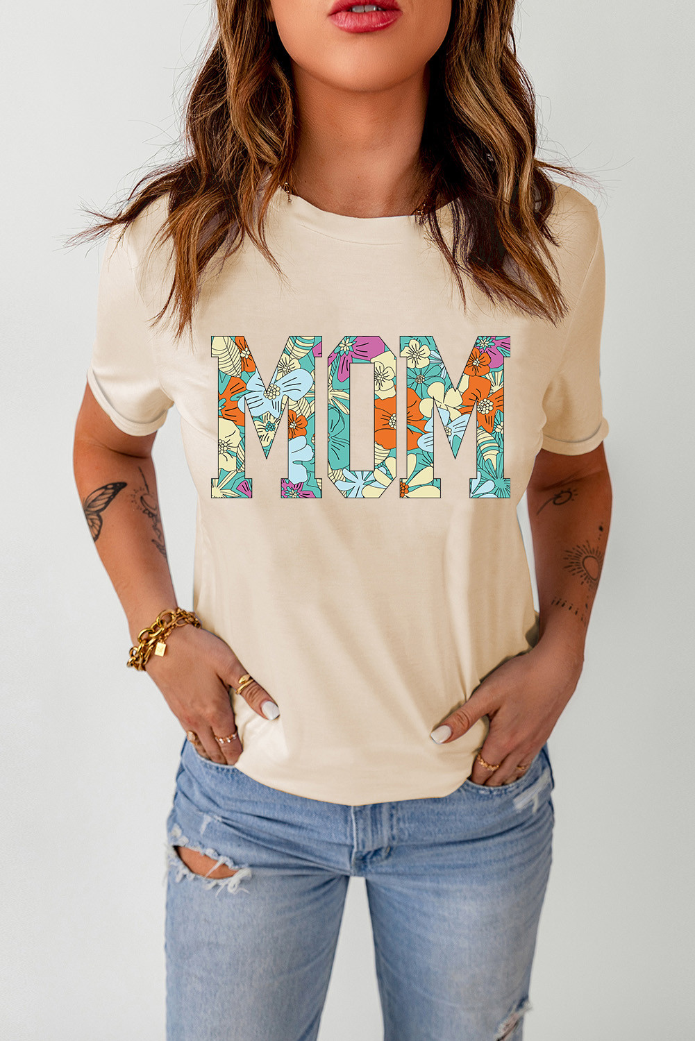 Khaki Basic MOM Floral Letter Print T Shirt