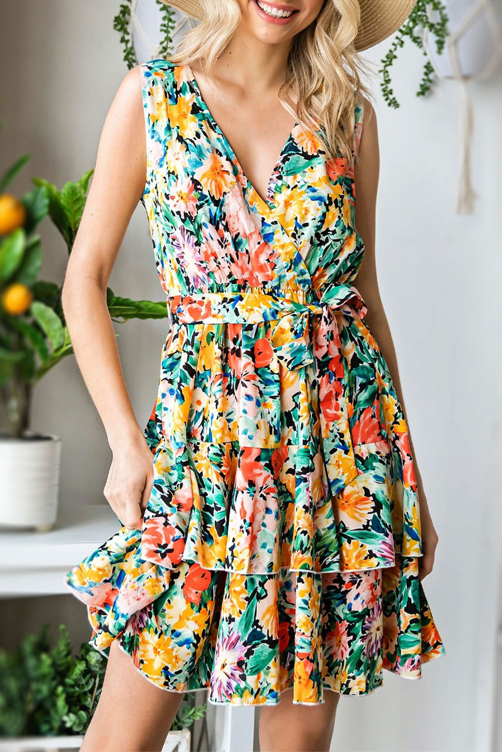 Multicolor Elegant Floral V Neck Belted Short Dress
