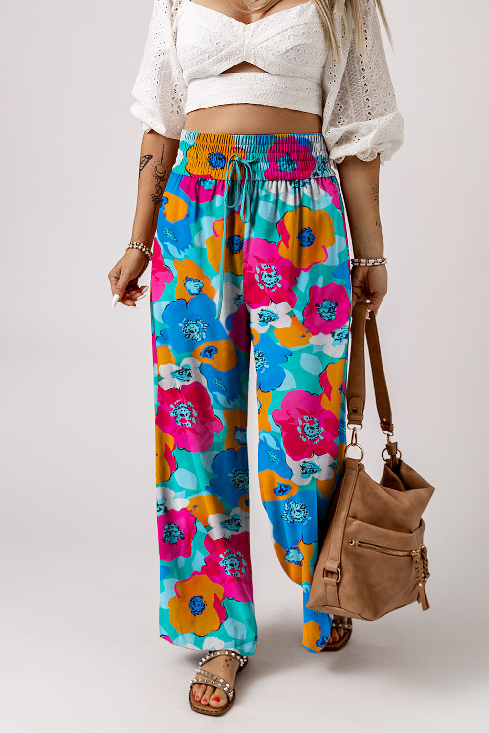Multicolor Floral Abstract Print Drawstring Wide Waistband Pants