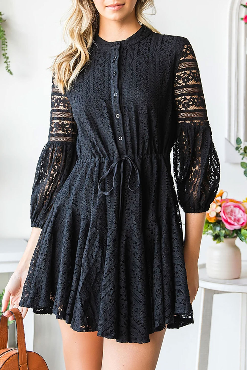 Black Lace Crochet Drawstring V Neck Bishop Sleeve Short Dress