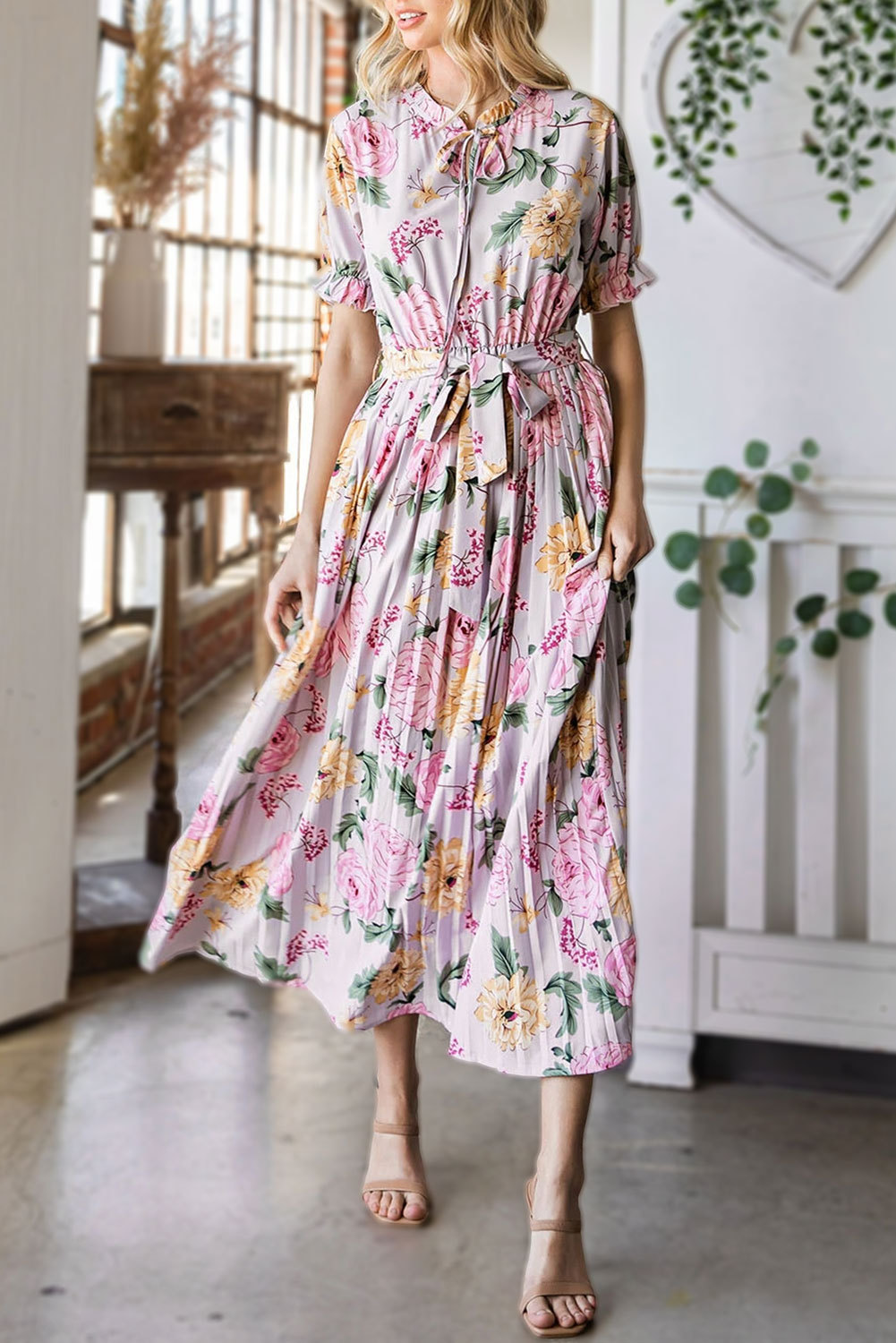 Pink Boho Floral Flared Short Sleeve Maxi Dress