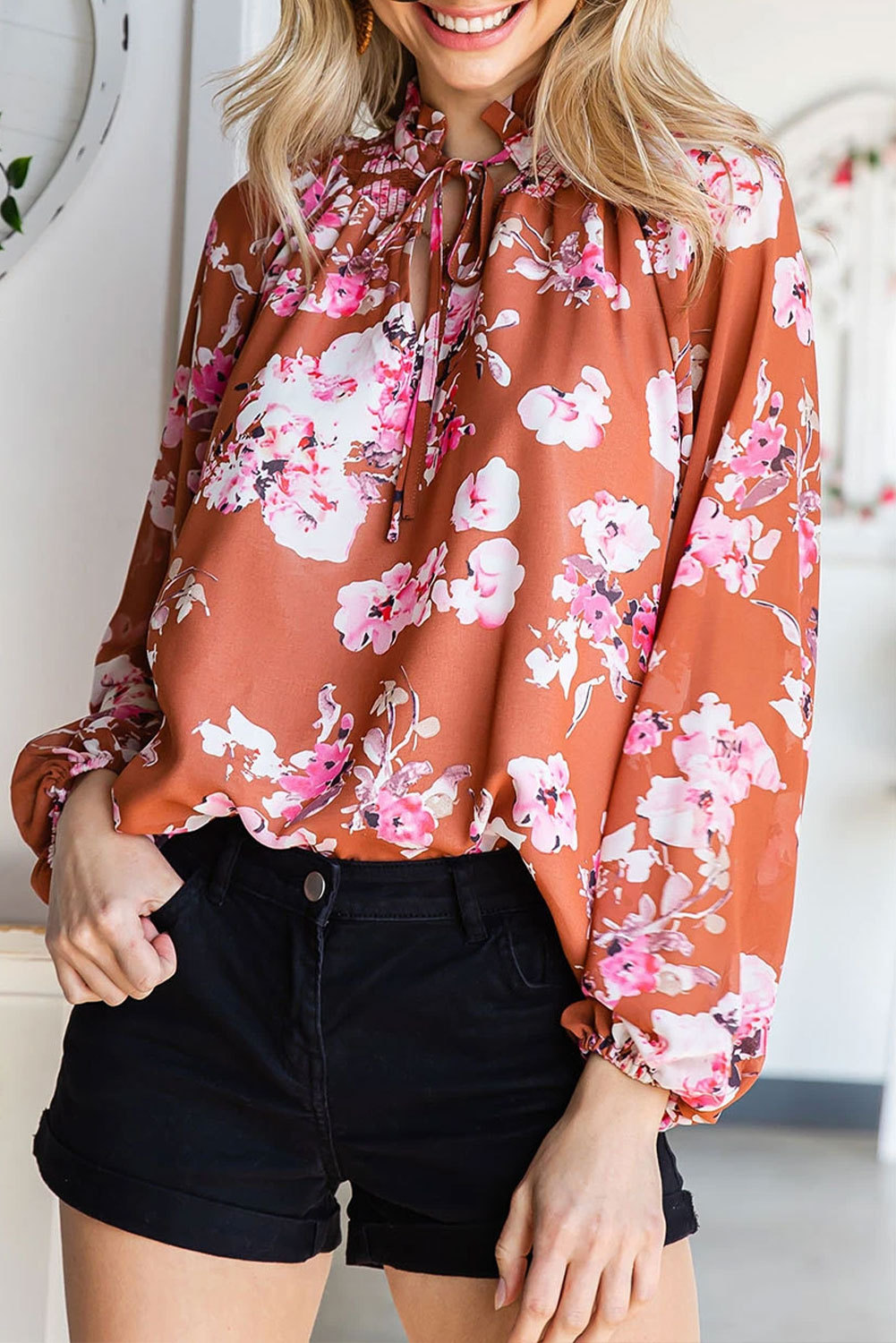 Multicolor Floral Print Casual Split V Neck Bishop Sleeve Blouse