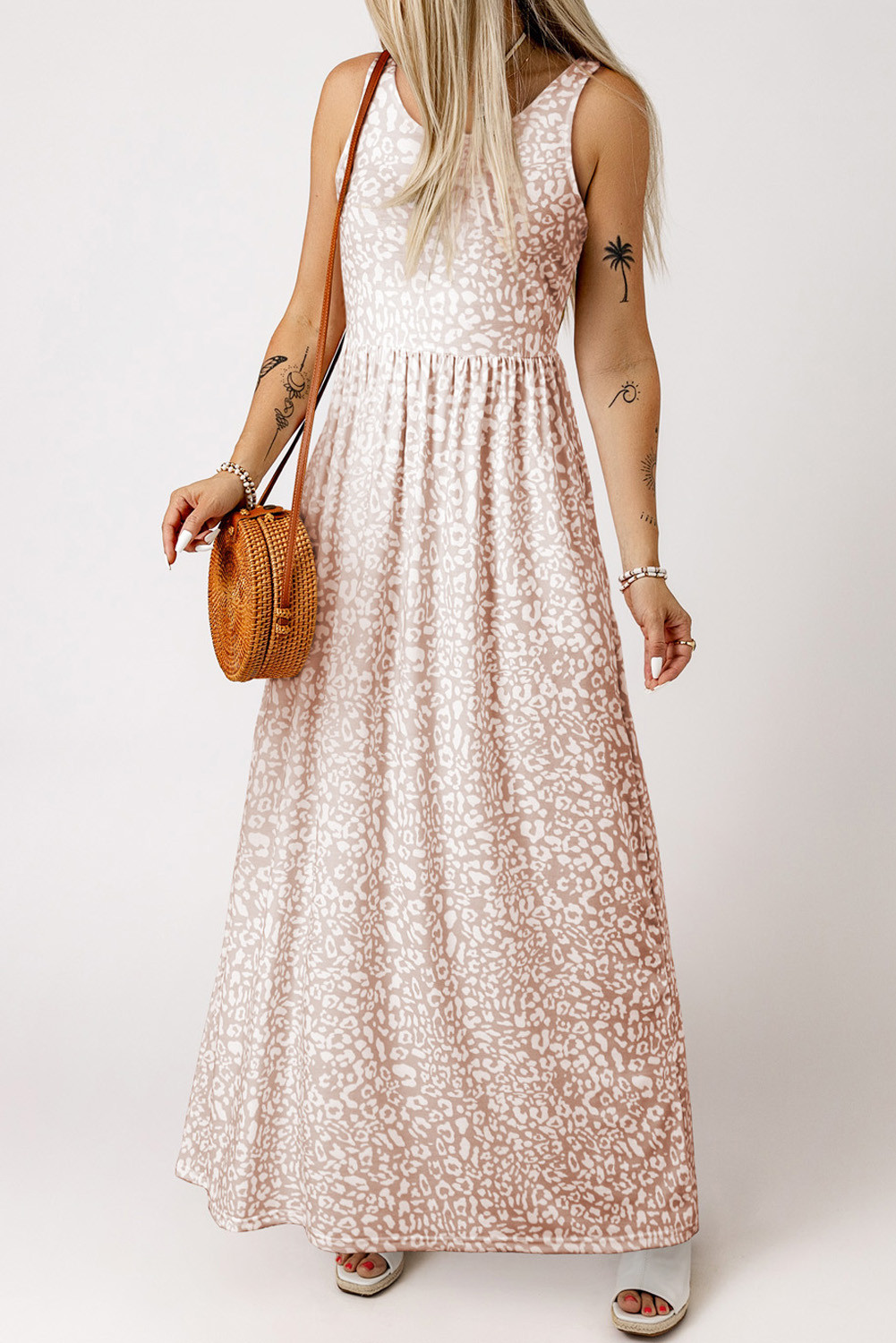 Pink Sleeveless Floor Length Leopard Print Dress with Pockets