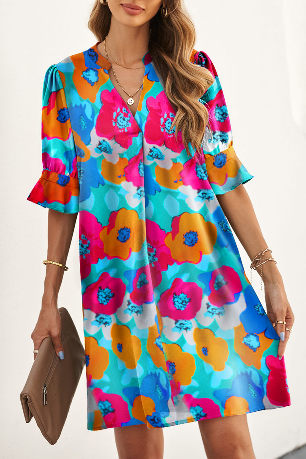Multicolor Floral Print Mandarin Collar Short Sleeve Tunic Dress