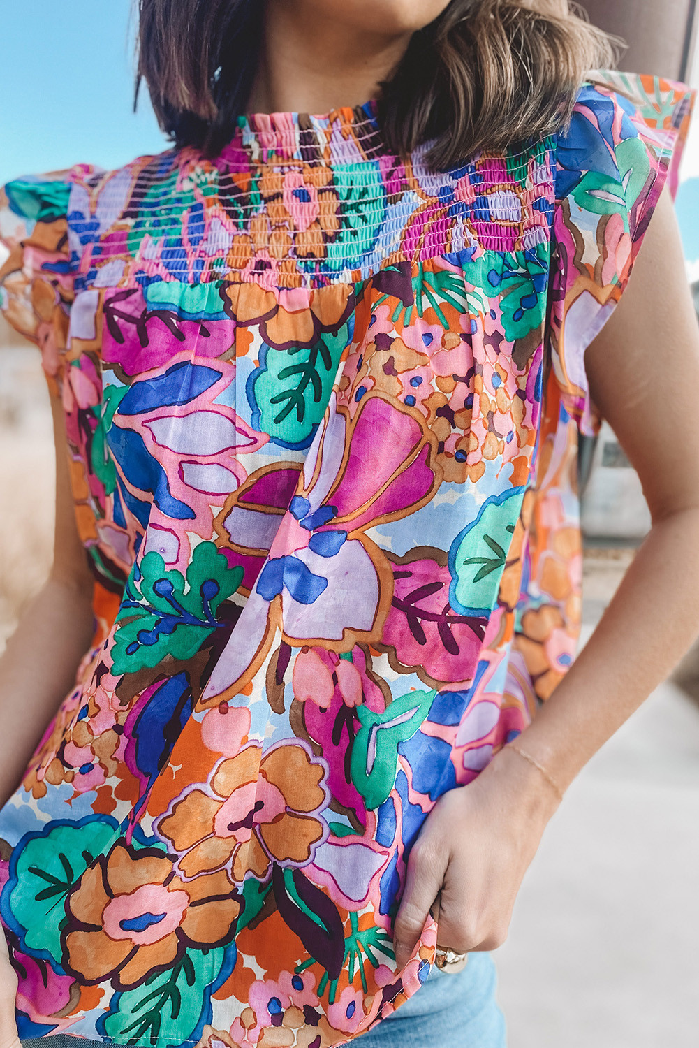 Multicolor Floral Print Summer Top Smocked Blouse for Women