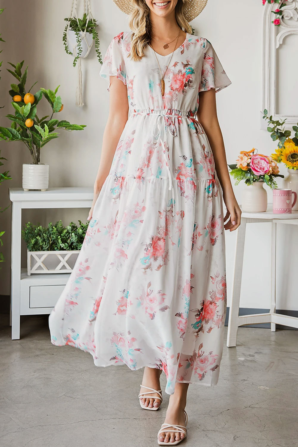 White Floral Print V Neck Boho Short Sleeves Maxi Dress