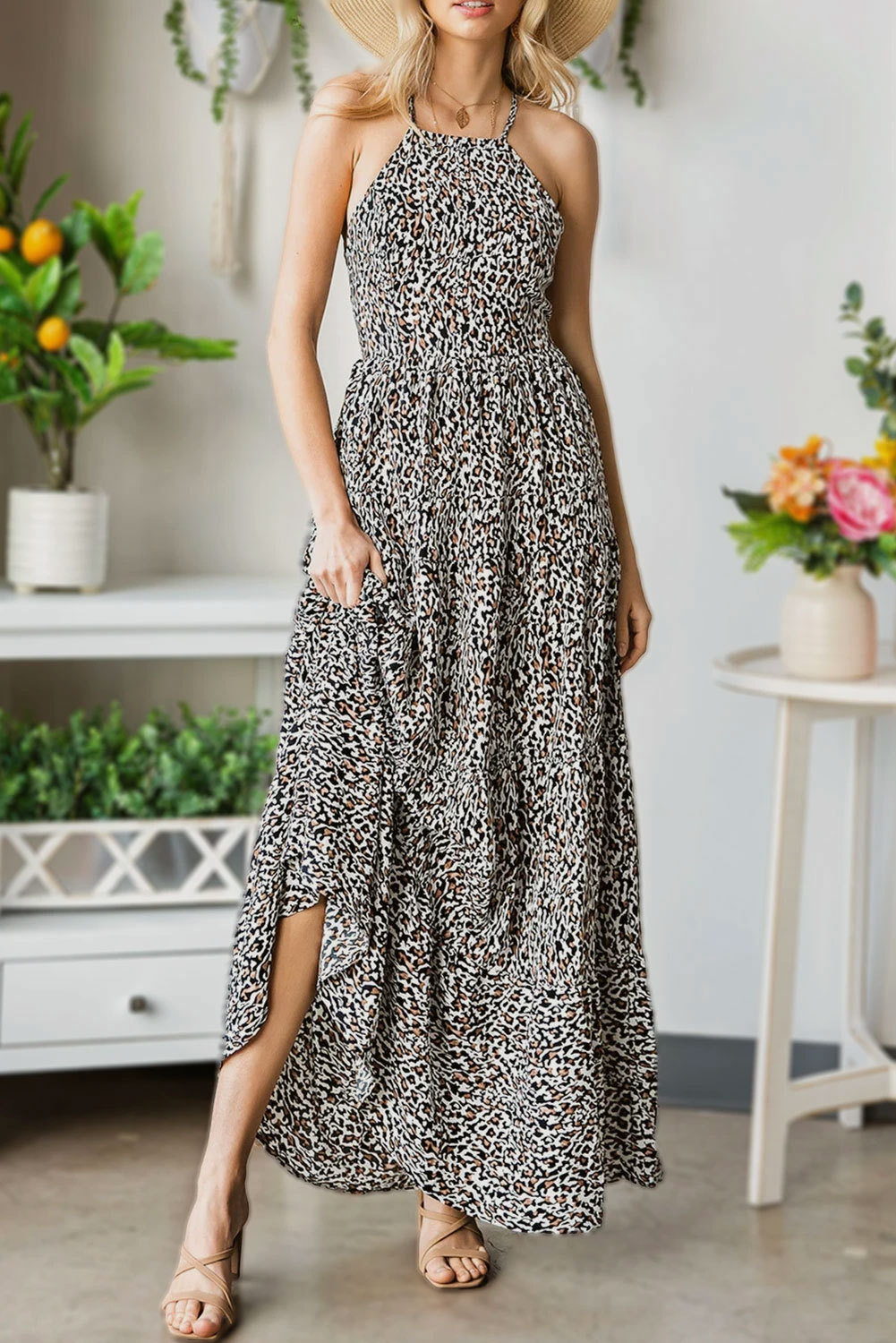 Casual Halter Neck Sleeveless Leopard Print Dress for Vacation