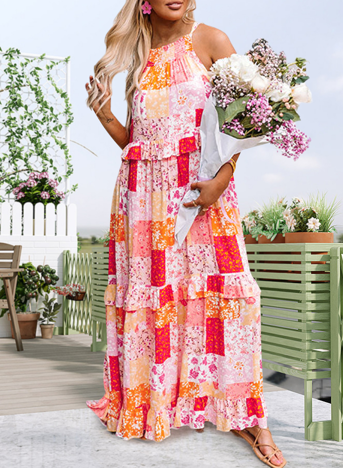 Multicolor Boho Floral Print Sleeveless Halter Maxi Dress