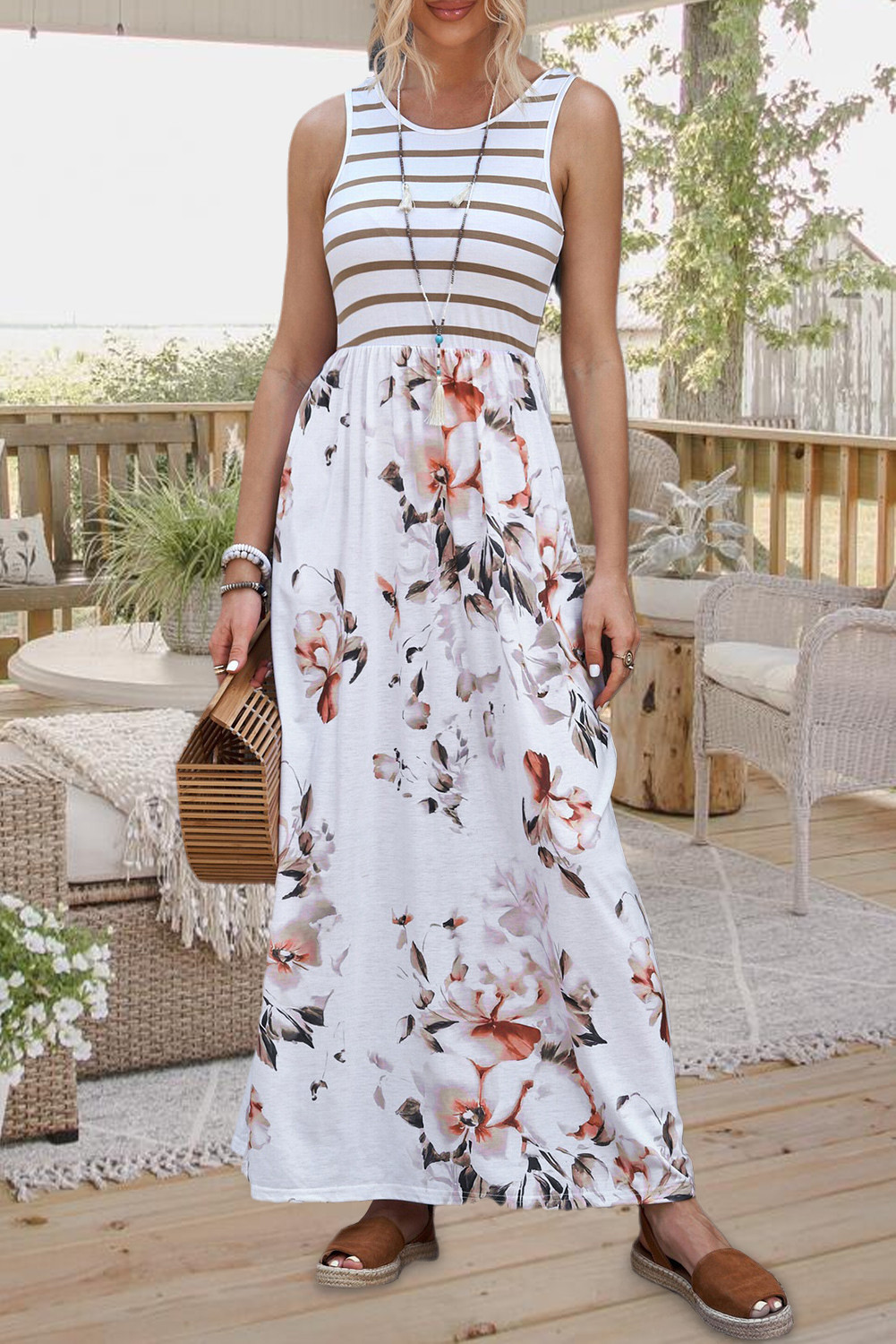 White Boho Stripes & Floral Print Floor Length Tank Dress