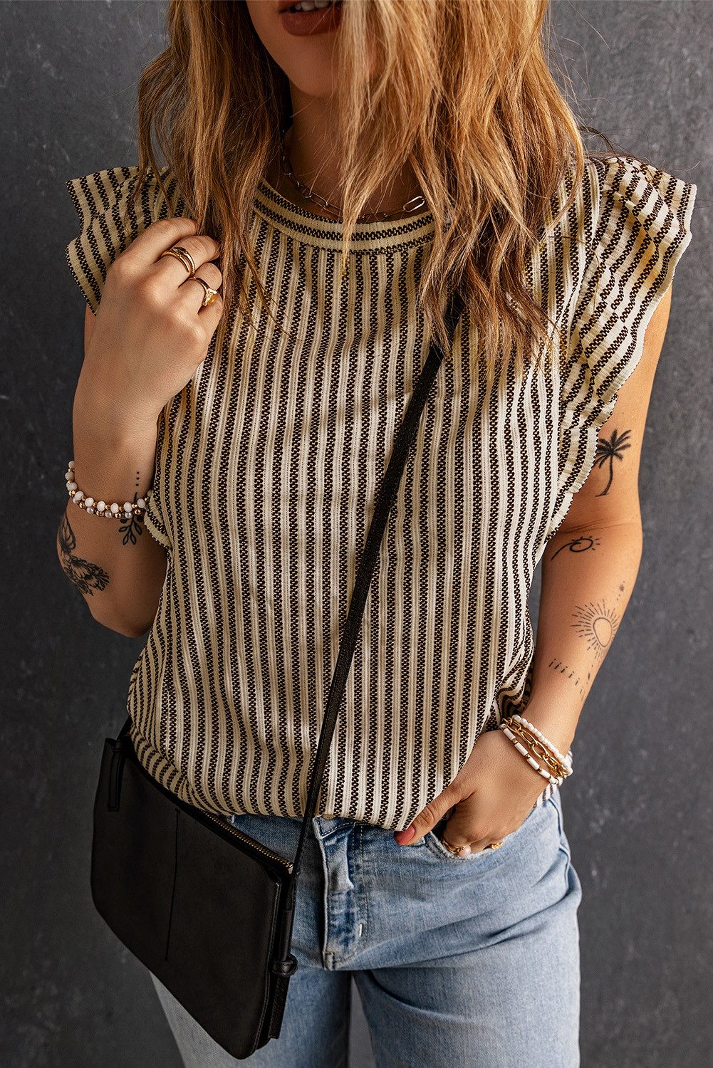 Khaki Striped Print Ruffle Casual Summer Top