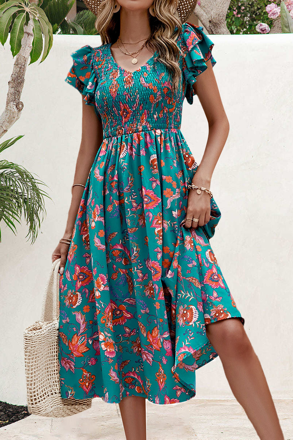 Green Floral Boho Shirred Ruffle Sleeve Maxi Dress