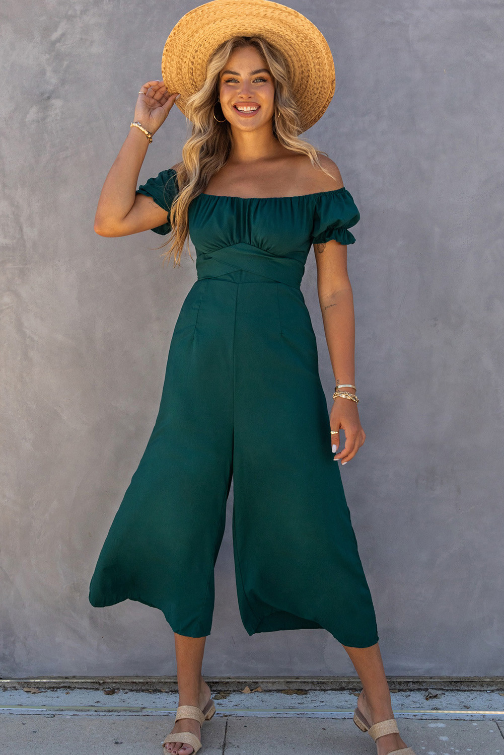 Green Ruched Off Shoulder Lace Up High Waist Wide Leg Jumpsuit
