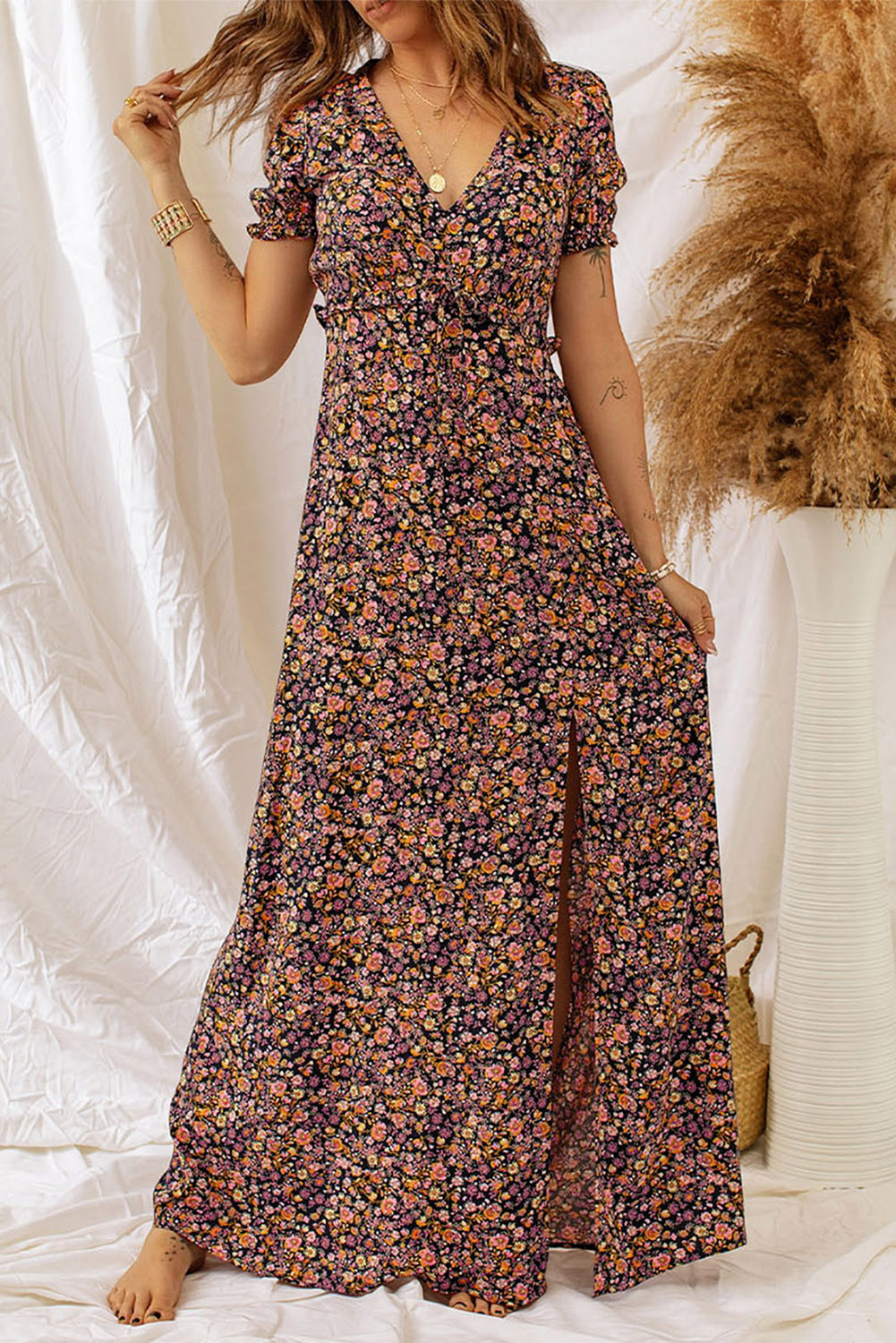 Multicolor Boho V Neck Floral Print Frill Maxi Dress