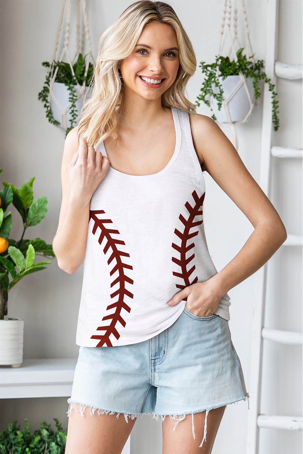 White Casual Baseball Print Graphic Tank Top