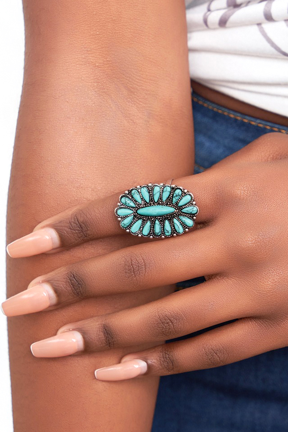Dropshipping Green Western Turquoise Flower Finger RING