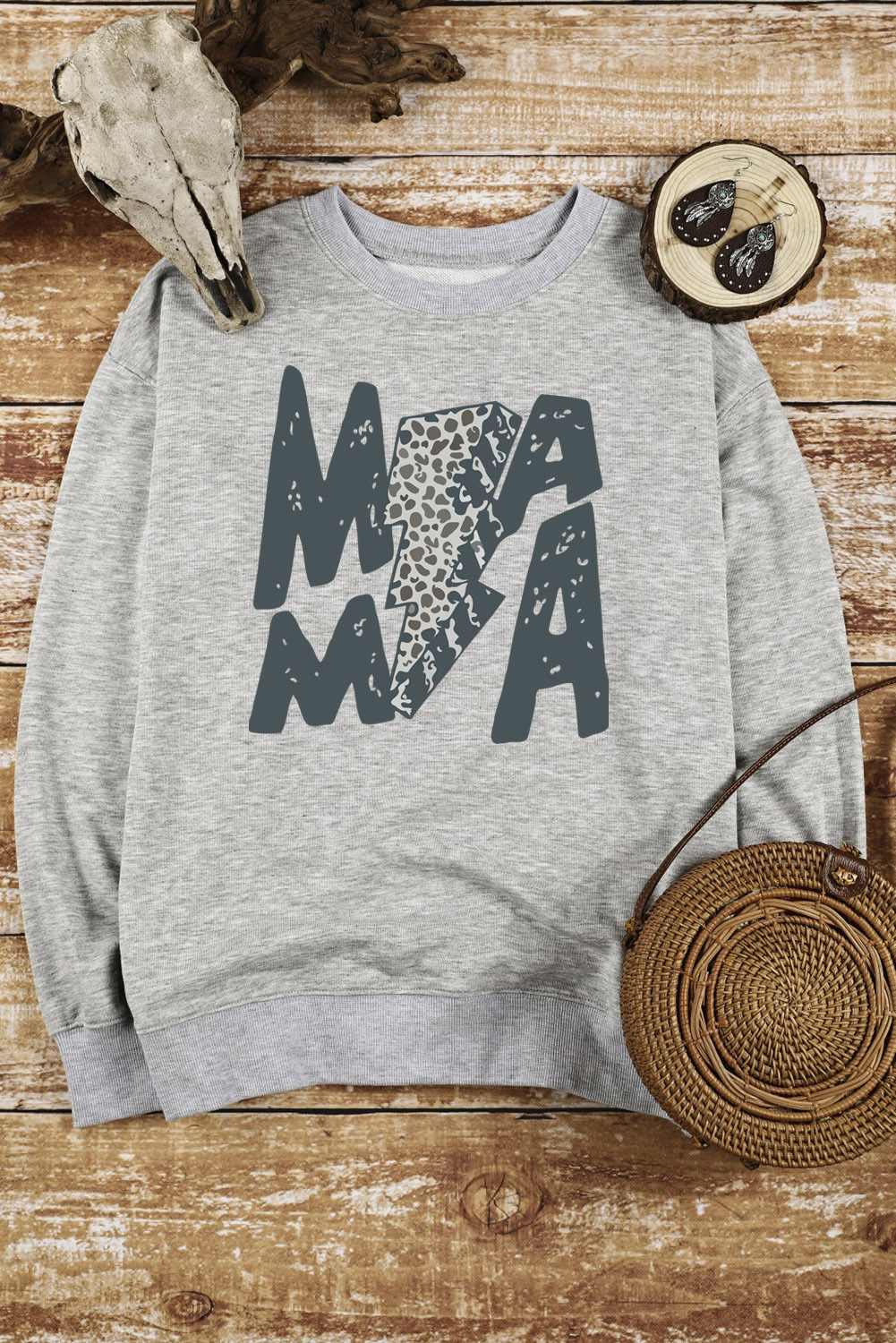 Gray MAMA Leopard Lightning Print Casual Graphic Sweatshirt