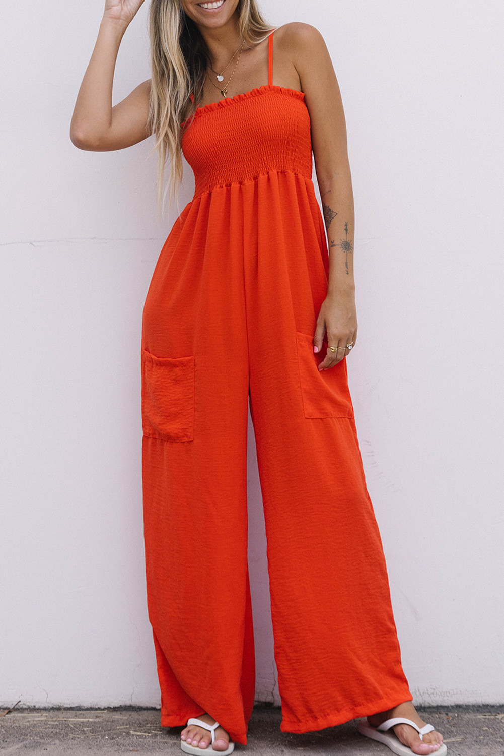 Orange Smocked Pocket Frill Detail Wide Leg Jumpsuit